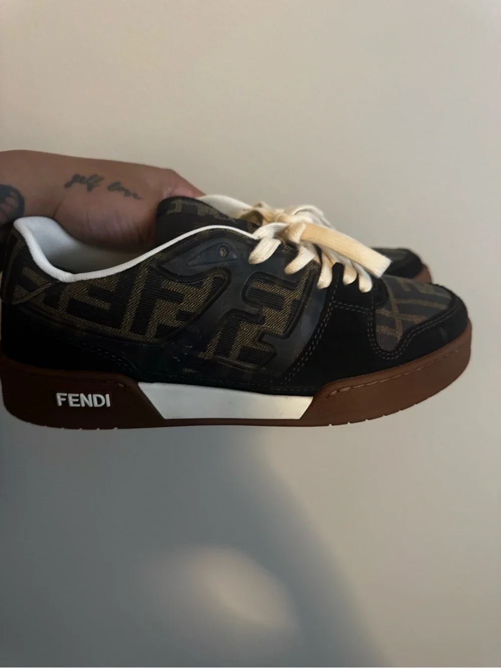 Fendi Brown and Black FF Logo Low-Top Sneakers with Cream Laces